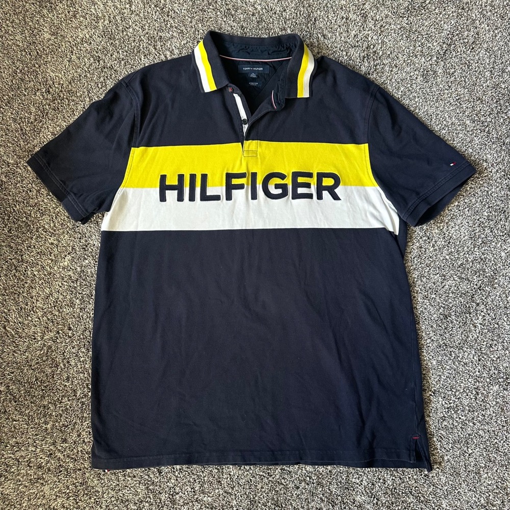Tommy Hilfiger Polo Shirt Navy Yellow Colorblock Logo XL